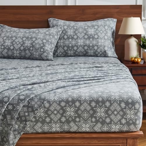 HYPREST Flannel Sheets King Size, Grey Snowflake Warm Sheets Winter Bedding Fuzzy Bed Sheets