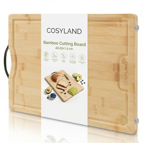 COSYLAND Tabla de Cortar de Madera para Cocina, Cutting Board Preaceitada con Ranura para Jugos, con Patas Antideslizantes y Asa, Apta para Carne, Pan y Verduras, 40×30×1,6 cm, Color Natural