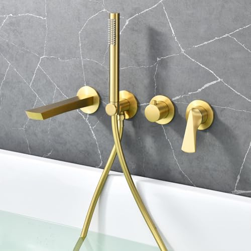 BiaoTeng Wannenarmatur Unterputz mit Brause Badewannenarmatur Wandmontage 2 Funktionen Warm und Kalt Einhebelmischer Armatur Badewanne Set Gold Gebürstet