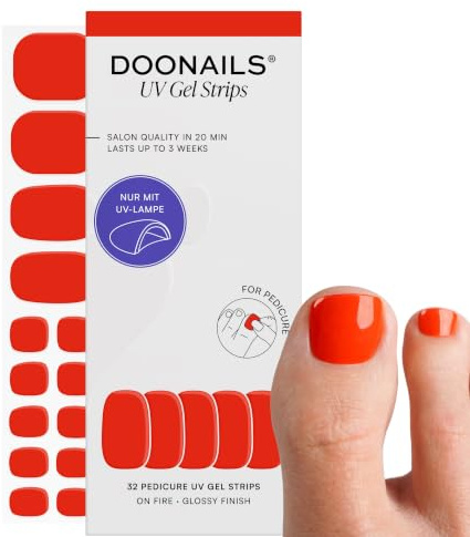 Doonails – On Fire Pediküre Gel Folien – 32 UV Gel Strips in 16 Größen auch für breite & kleine Nägel – Nagelfolien selbstklebend & UV härtend – Nagelaufkleber bis zu 14 Tagen Halt – 2 Anwendungen