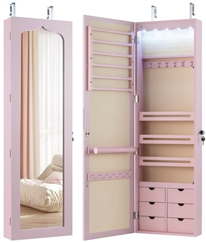 CASART Wall & Door Mounted Jewellery Cabinet, 5 LED Lighted Lockable Jewelry Armoire with Full-Length Mirror, Adjustable Hanging Storage Makeup Box Jewelry Organizer (Pink, 6 Wooden Drawers)