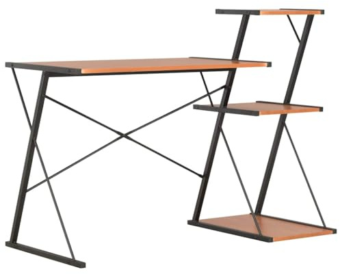 XHNIFBN Schreibtisch mit Regal 116×50×93 cm Schwarz Braun Holzwerkstoff und Stahl Bürotisch Computertisch Modernes X-Bein Design platzsparend für Home Office Arbeitszimmer Wohnzimmer