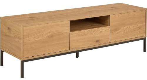 Toilinux.com Meuble TV 140 cm 2 Portes Push-to-Open et 1 Tiroir Beige Effet Chêne Pieds Métal Noir – Passe-Câbles – Sirene