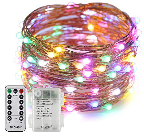 Erchen Batteriebetrieben LED Lichterkette, 33 FT 100 LED 10M dimmbare Kupfer Draht Lichterketten mit Fernbedienung 8 Modi Timer für Innen Außen Weihnachten Party (Mehrfarbig)
