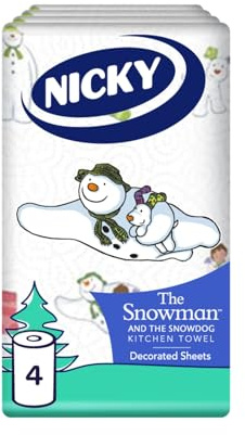 Nicky Snowman Super Roll Kitchen Towel | Pack of 4 Rolls | 2-ply Absorbent Paper for Kitchens | Embossed | Christmas Decorated Sheets | Multi-Purpose Decorated Kitchen Towels | 100% FSC Certified