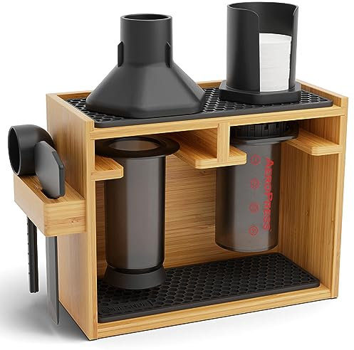 HEXNUB – Bamboo Organizer for AeroPress, Coffee Caddy Station Holds AeroPress Coffee Maker, Accessories, Filters, Cups, Stand includes Dripper Mats (Black)