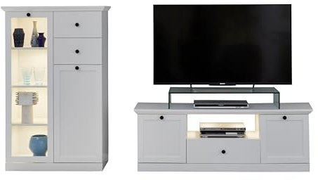 trendteam smart living - Baxter - Wohnwand (Vitrine + TV-Lowboard) - Weiß - Vollauszug-Schubladen - (BxHxT) 235 x 129 x 41 cm - Landhausstil - Kratzfest