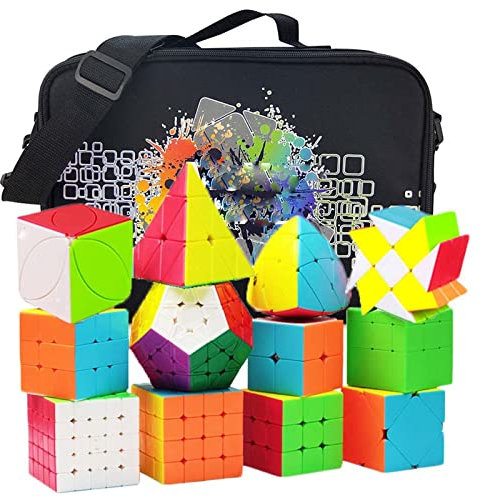HJXDtech 12 Pack Stickerless Speed Cube Set mit spezieller Aufbewahrungstasche, Professionelle WCA Competition Zauberwürfel Arten 2x2 3x3 4x4 5x5 Pyraminx Megaminx Skewb SQ1 Würfel Puzzle Spielzeug
