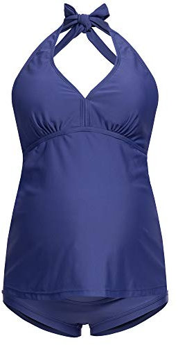 Herzmutter Maillot de Bain de Maternité - Tankini de Grossesse - Dos Nu - Licou - Tankini de Maternité - Maillot de Bain pour Femmes Enceinte - 2 Piècess - Protection UV - 7100 (L, Bleu)