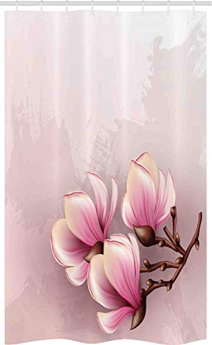 ABAKUHAUS Magnolie Schmaler Duschvorhang, Zarte Frühlingsblüte Art, Badezimmer Deko Set aus Stoff mit Haken, 120 x 180 cm, Baby Pink Braun Rosa