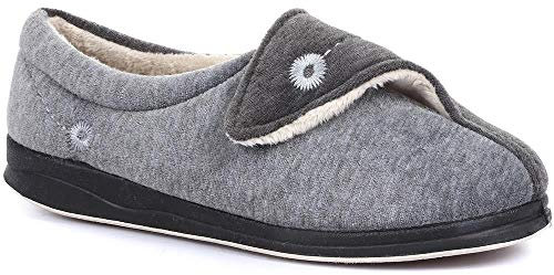 Pavers Ladies Wide Fit Antibacterial Slippers in Grey - Orthopedic Design with Fleecy Lining and Touch-Fasten Strap - Cosy Warm - Size UK 6 / EU 39
