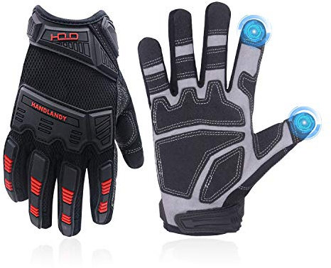 HANDLANDY Heavy Duty Arbeitshandschuhe Herren, Touchscreen TPR Impact Reducing Arbeitshandschuhe, Rutschfest Atmungsaktiv Mechaniker Handschuhe Schwarz XL