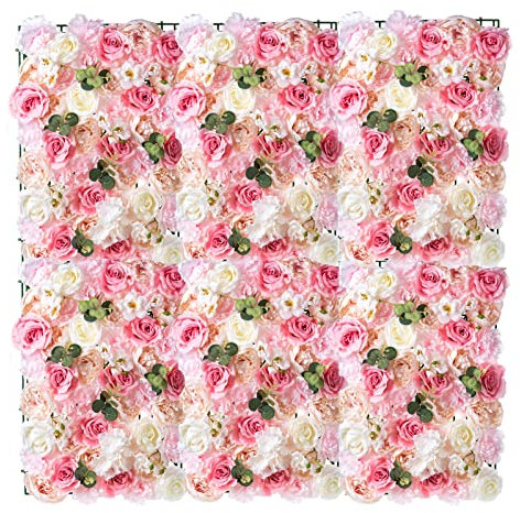 NUPTIO 6 Stück Blumenwandpaneel 60cm X 40cm Weiß & Rosa Kunstrosen Künstliche Blume Blumenhintergrund, Blumenwandhintergrund für Party Hochzeit Brautdusche Babyparty Weihnachten Heimdekoration