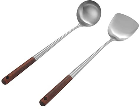 Pyatofyy Wok Spatula and Ladle Set, 17 Inches Spatula for Wok, Steel Wok Spatula