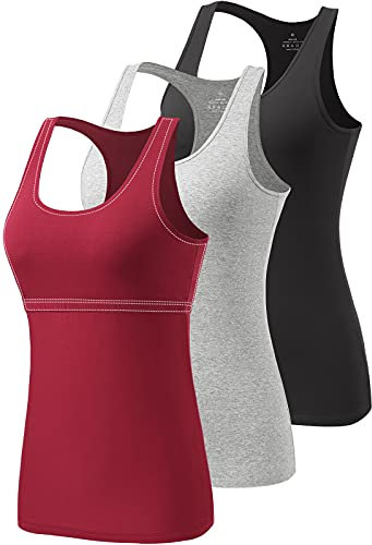 vislivin Damen Tank Tops mit Regal-BH Racerback Tank Top Stretch Unterhemden 3er Pack Schwarz/Grau/Weinrot S