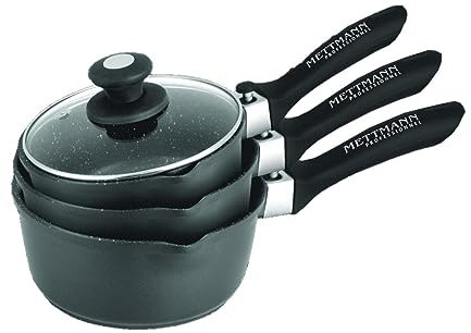 METTMANN PROFESSIONNEL Set de 3 casseroles avec 2 manches amovibles 16/18/20 cm en revêtement anti-adhésif, Tous Feux sauf Induction, Greblon C2+, Manches anti-chauffe, Couvercles
