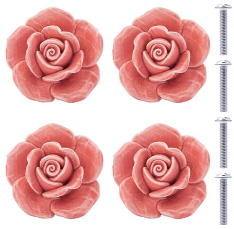 NAKUPENDA Keramikknäufe 4 Stück Keramik Rosen Blumen Knopf Schubladenknöpfe Porzellan Rose Möbelknöpfe für Schubladen Schränke Schranktüren (Rosa)