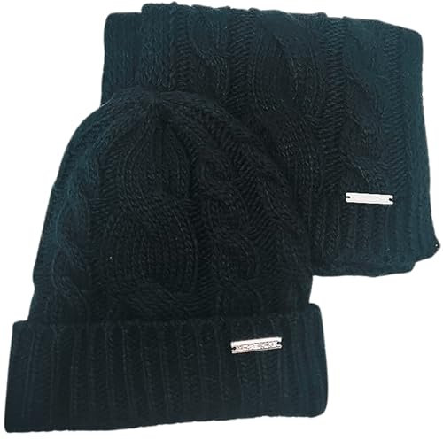 Michael Kors Schal/Mütze SET I Winterschal I Beanie I Wollschal I Wintermütze I One Size I Zopfmuster I Weiche Acrylwolle I Logo I Geschenkverpackung (Schwarz)