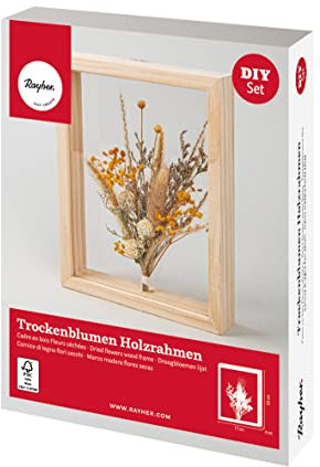 Rayher Bastelpackung Trockenblumen-Strauß im Holzrahmen, in transparenten Scheiben fixiert, Holz FSC zertifiziert, Rahmen rechteckig 17 x 22 cm, Rahmentiefe 4 cm, 85485000
