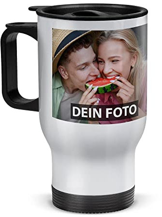 Tassendruck Edelstahl-Thermobecher selbst gestalten individuell mit Text und/oder Foto - Coffee to Go Becher, Reisebecher BPA-frei, Camping, Büro | Personalisiertes Geschenk, Weiß, 390 ml