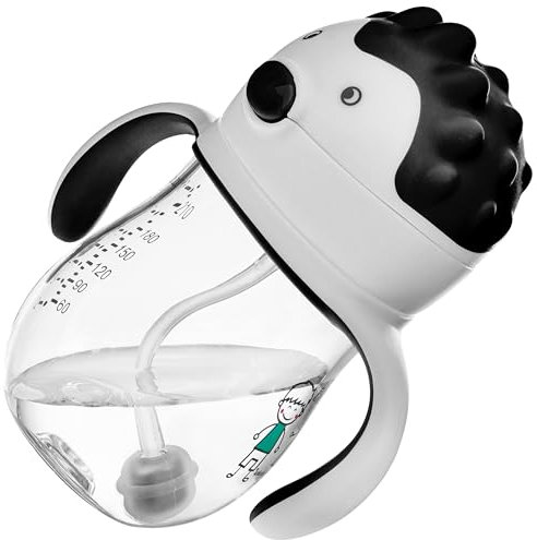 Akuku Set Trinkflasche + 2 Strohhalme für Baby,BPA-frei, 250 ml, Trinklernbecher, Strohhalm & Griffen für Säuglinge, Kleinkinderflasche auslaufsicher, Auslaufbecher,Tritan,CE,schwarz, Igel