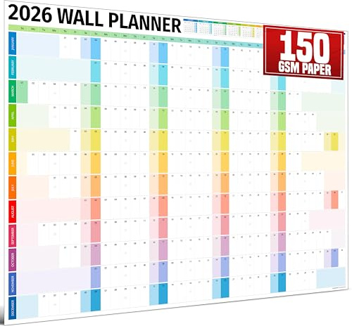 Wall Planner 2026 A1 84x60cm - Full Year Family Calendar, Rows Edition | 150gsm laminated gloss, Writable with any pen, 2.1 x 4.4cm date boxes, Colour coded months, 12 months, Jan to Dec