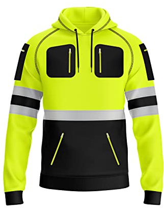 trending babz Mens Hi Viz Visibility Safety Reflective Tape Pullover Fleece Hoodie 3 Zipper Pockets Contrast Sweatshirt Work Wear Hoodie S-2XL