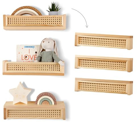 Good Bits Rattan Wandregal - 3 Stück, 40,6 cm schwebende Regale für Kinderzimmer, Boho-Bücherregal für Babyzimmer-Dekor