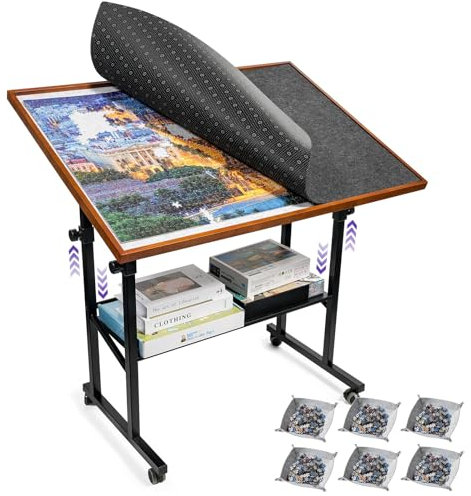 Sunix 1500 Pieces Jigsaw Puzzle Table with Legs, 36x26 Adjustable Height Puzzle Board with Cover & 6 Sorter Tray, 12-Tilting-Angle Portable Wooden Puzzle Table for Adults, Enclosed with Wheels