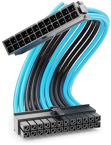 deleyCON 24-Pin ATX Netzteil Kabel Verlängerung 30cm - 18 AWG PSU Mainboard PC Computer Netzteil Nylon Stromkabel Stromversorgung Stecker auf Buchse - Schwarz Blau