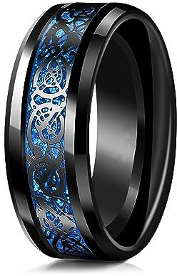 GAUEIOUR Tungsten Carbide Ring,Black Celtic Dragon Titanium Ring, Blue Carbon Fiber Inlay, Exquisite Jewelry, Suitable for Both Men and Women, Jewelry Gift (Size 7)
