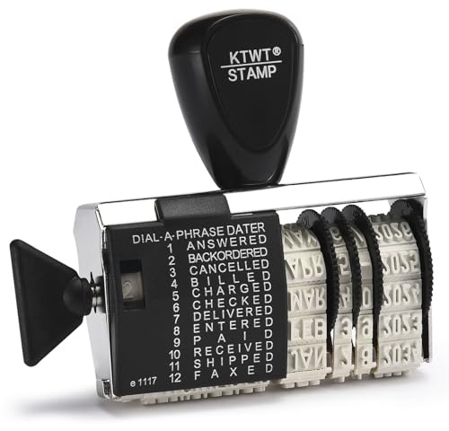 KTWT 12 Phrase Dater Rubber Stamp, 12 Frequently Used Office Messages, Rubber Date Stamp, Month in Letters, Day and Year in Numbers