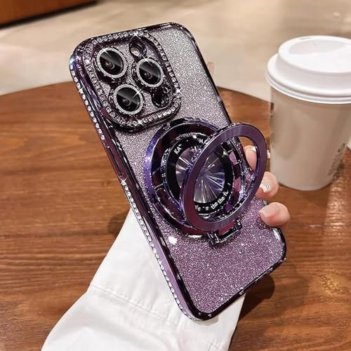 AUWIRUG Transmitg Glitter Rhinestones Magnetic for iPhone Case with Invisible Stand 12 13 14 15 Pro Max, Gradient Lens Protection Phone (14Plus,Purple)