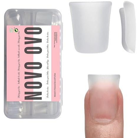 NOVO OVO Duck Nail Tips Extra Short, Full Cover for Press On Acrylic, Clear Pre-etched Pre-applied Tip Primer & Base Coat Soft Gel Fake False Nail Extension Full Coverage x 12 Sizes 120 pcs