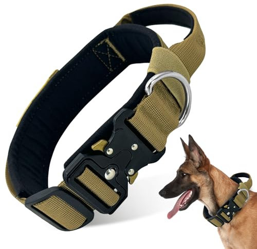 Boloshine Taktisches Hundehalsband, Verstellbare Halsband mit Kontrollgriff, Militär-Hundehalsband mit Robuster Metallschnalle für Mittlere Große Hunde Jagd Training Freizeit (Khaki, M)