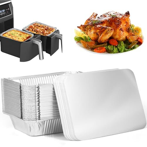 Eummy 50 Pack Aluminium Foil Trays with Lids 22x16cm Aluminum Foil Baking Tray Non-stick Tin Foil Containers for Air Fryers Aluminum Foil Pans Rectangle for Air Fryer Oven Baking Cooking