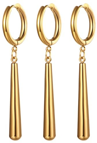 JewelryWe One Piece Herren: 3 Stück Gold Edelstahl Roronoa Zoro Creolen Huggie Ohrringe Clip On Hängende Anime Cosplay Schmuck für Lorenor Zorro Fans Anime-Liebhaber