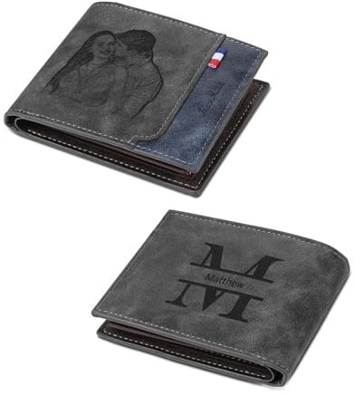 kaululu Portafoglio Uomo Personalizzato Portafoglio con Foto con Incisione Nome Portafoglio Uomo con Zip Porta Carte Identità Porta Contanti Portafoglio per Papà Marito Regalo Personalizzato per Uomo