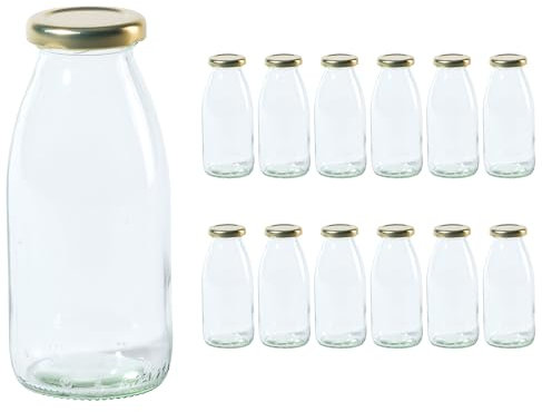 Vitrea 12 leere Glasflaschen 250ml Schraubverschluss Gold - Milchflaschen, Saftflaschen, kleine Flaschen zum Befüllen mit Deckel - für Milch, Saft, Smoothies, Öl - 12 Stück, TO43, Hansa