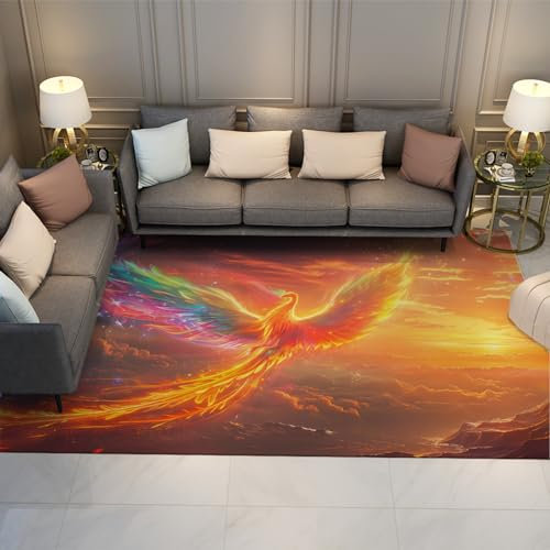 MOKOSAISE Fantasy Tiere Teppich für Wohnzimmer Schlafzimmer Dekor Bunte Phönix Sonnenuntergang Weiße Wolken Berge Flüsse Rutschfester Niederflorteppich 120x180cm