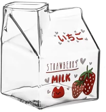 Kangtm 350ML Kawaii Quadratischer Milchkarton-Glasbecher, HitzebestäNdig, SüßEr Erdbeer-Pfirsich-FrüHstüCksbecher, Puddingbecher, Milchflaschen, A