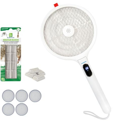 Hygiene System | Kit Antizanzare con Racchetta Daewoo + 4 Esche e Pastiglie Larvali – Per Disinfestazione Ecologica in Casa, Giardino, Esterni, Campeggio – Colore Bianco