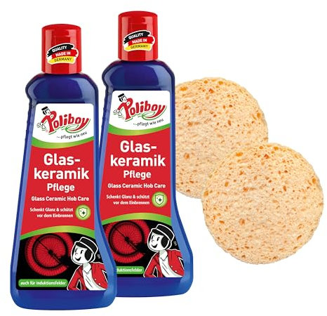 POLIBOY Glaskeramik Pflege - Keramikpflege mit Einbrennschutz - Kochfeldreiniger für Glaskeramik - 2x 200 ml - Mit Schwamm - Made in Germany