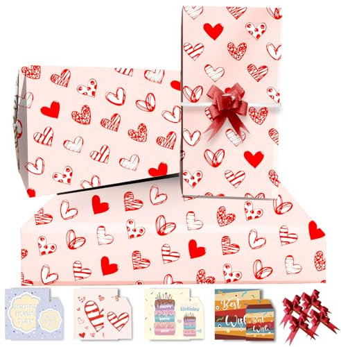 RU-X Papier Cadeau Anniversaire 85 * 60cm, 4 Feuille Avec 4 Noeud Papillon Rouge, 4 Carte Anniversaire, 4 Etiquette, Papier Cadeau Pour Enfant Fille Garçon Homme Femme