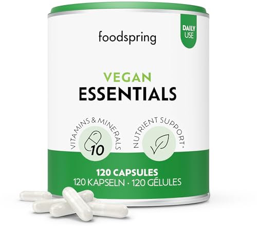 foodspring - Vegan Essentials all-in-one Multivitamin-Komplex Nahrungsergänzungsmittel 120 Kapseln hochdosiert & gelatinefrei - Nährstoff Präparat mit jeweils 5 essentiellen Vitaminen & Mineralien