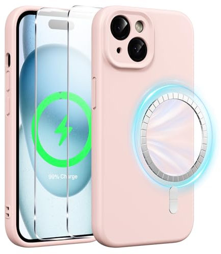 Xiltlly Cover Magnetica in Silicone Liquido per iPhone 15 6,1 Pollici con 2 Pezzi Vetro Temperato, Compatible con MagSafe Magneti Integrati, Custodia Antiurto AntiGraffio per iPhone 15, Rosa