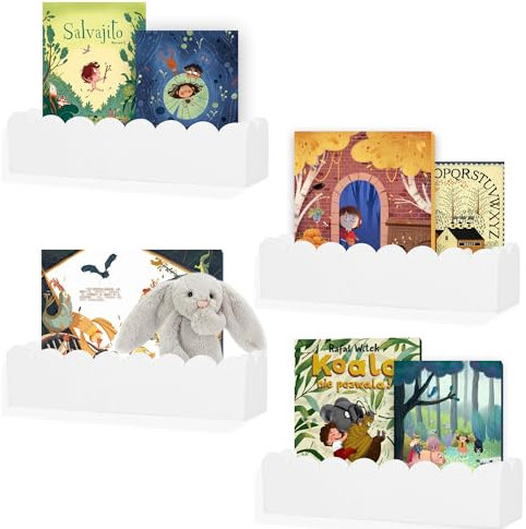 Scalloped Regale, Kinderzimmer Bücherregal, Kinder Floating Bücherregale aus Holz, Babyspielzeug Aufbewahrung Dekor Organizer für Wohnzimmer und Schlafzimmer, vormontiert, 4er-Pack, Kiefer (Weiß)