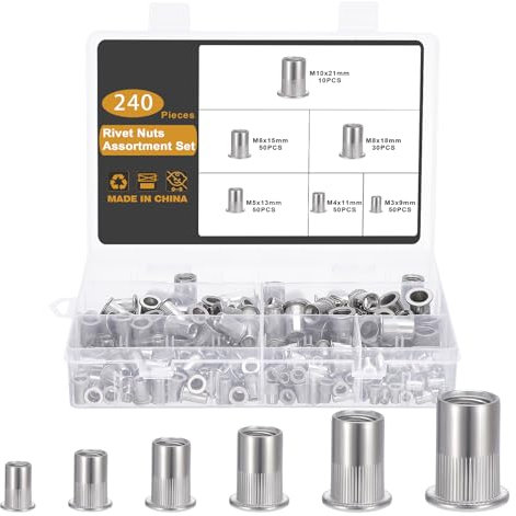 Gueenky 240 Pezzi Dadi Rivetti Filettati in Acciaio Inox 304, M3 M4 M5 M6 M8 M10 Dadi Filettati con Testa Piatta, Assortimento dadi Inserti Filettati Mobili in Legno