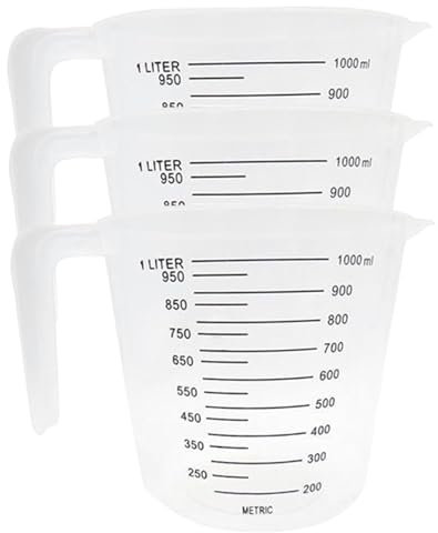 Poud à mesurer en plastique, 3pcs 1000 ml Pouche en plastique transparent avec échelle, tasses et cruches à mesurer avec pichet, tasse empilable avec poignée pour peinture mélangée, résine, ép