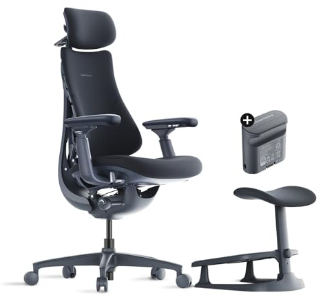 LiberNovo Dynamic Ergonomic Office Chair with Footrest and Extra Battery | Adaptive Lumbar Support, 160° Recline, Built-in Spine Stretch, for Home Office, Work From Home and Long Hours, Black 48cm